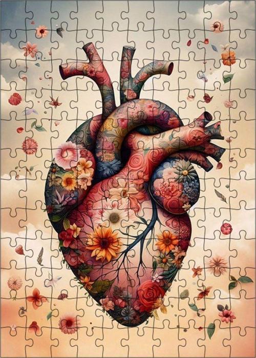 Ahşap Mdf Puzzle Yapboz Kalp Ve Çiçekler 120 Parça 25 x 35 cm