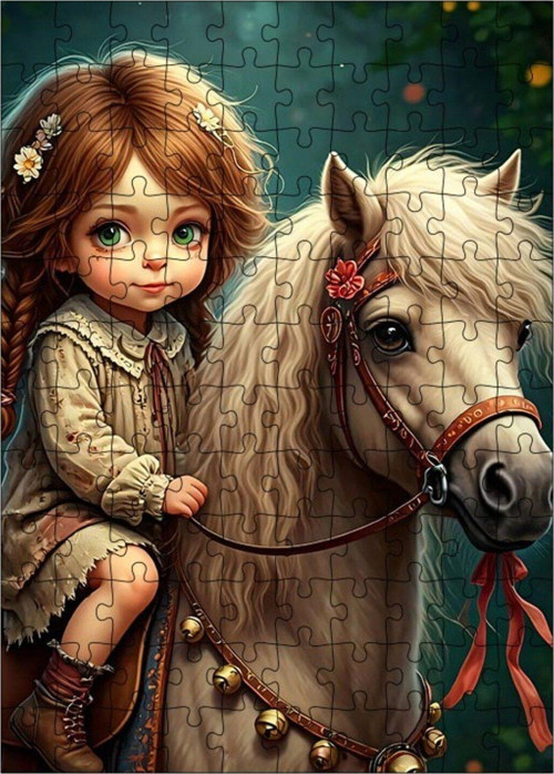 Ahşap Mdf Puzzle Yapboz Sevimli Kız Ve Atı 120 Parça 25 x 35 cm