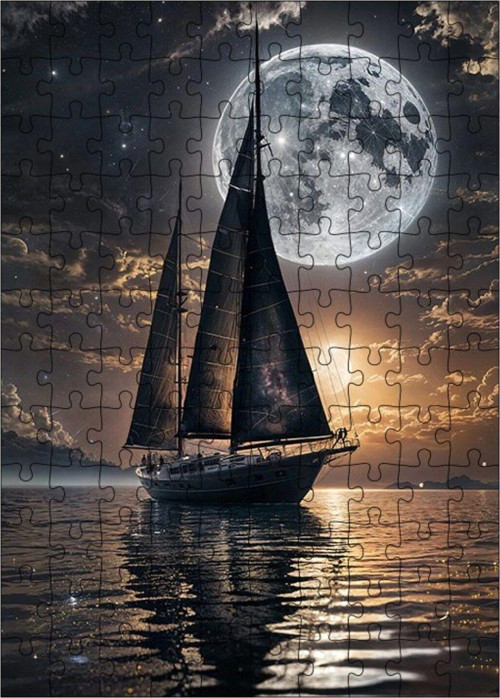 Ahşap Mdf Puzzle Yapboz Göldeki Tekne Ve Dolunay 120 Parça 25 x 35 cm