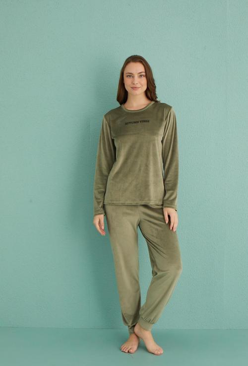13165-11 Kadın Automn Vibes Kadife Manşetli Pijama Takım
