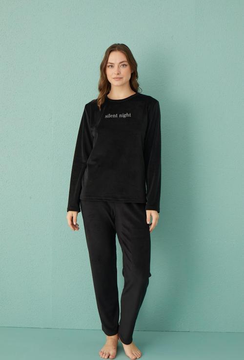 13166-17 Kadın Slient Night Kadife Uzun Kol Pijama Takım