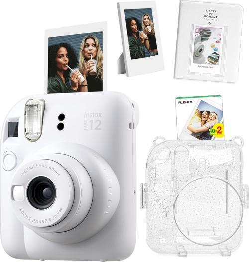 mini 12 Beyaz Fotoğraf Makinesi Simli Pleksi Kılıf Pvc Albüm 20'li Film ve Çerçeveli Hediye S