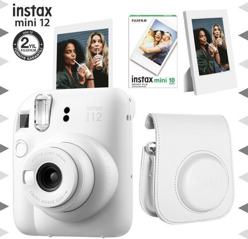 mini 12 Beyaz Fotoğraf Makinesi-10'lu Film-Çerçeve ve Deri Kılıf Seti