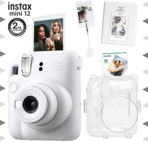 mini 12 Beyaz Fotoğraf Makinesi-10'lu Film-Kıskaçlı Stand-PVC Albüm ve Simli Pleksi Kılıf Set