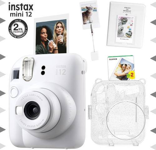 mini 12 Beyaz Fotoğraf Makinesi-20'li Film-Kıskaçlı Stand-PVC Albüm ve Simli Pleksi Kılıf Set