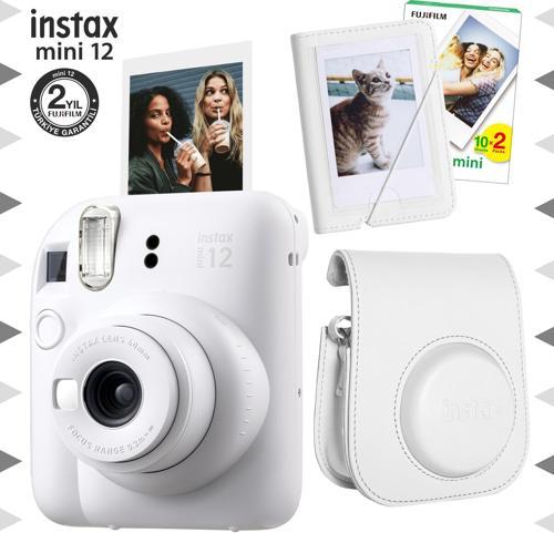 mini 12 Beyaz Fotoğraf Makinesi-20'lu Film-Mini Albüm ve Deri Kılıf Seti