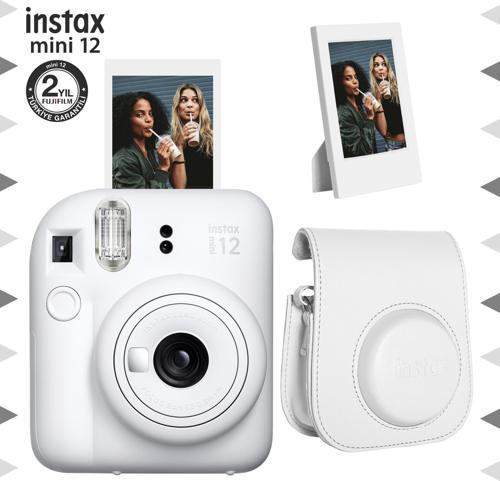 mini 12 Beyaz Fotoğraf Makinesi-Çerçeve ve Deri Kılıf Seti