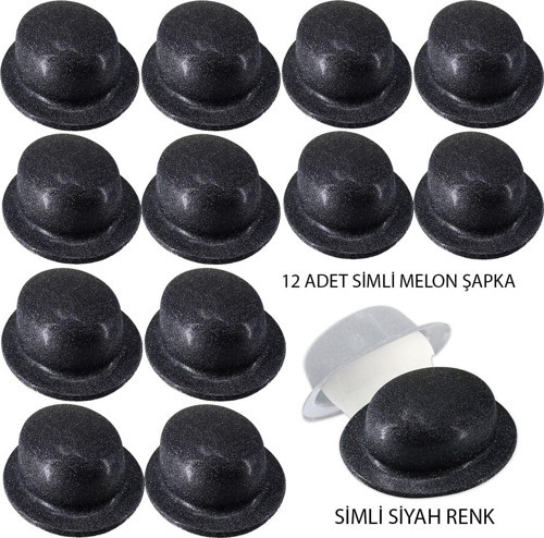Siyah Renk Simli Melon Yuvarlak Parti Şapkası 12 Adet