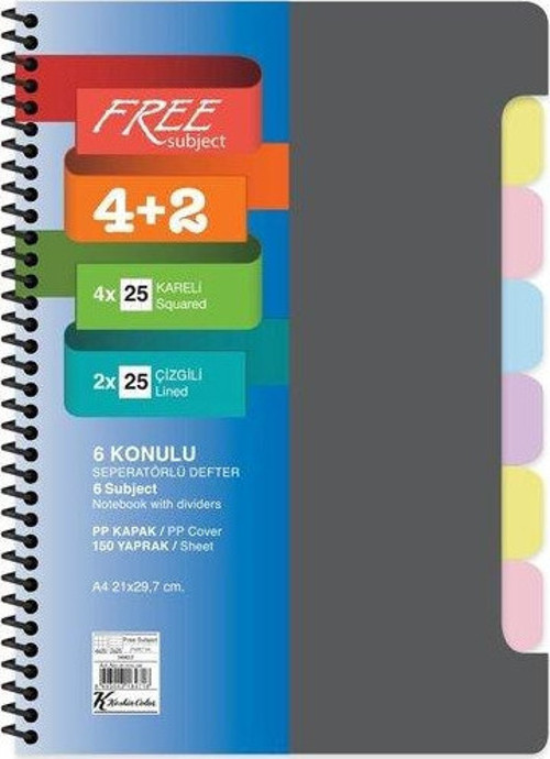 Keskin A4 4+2x25=150Yp. Ayraçlı Free Subject Defter Gri