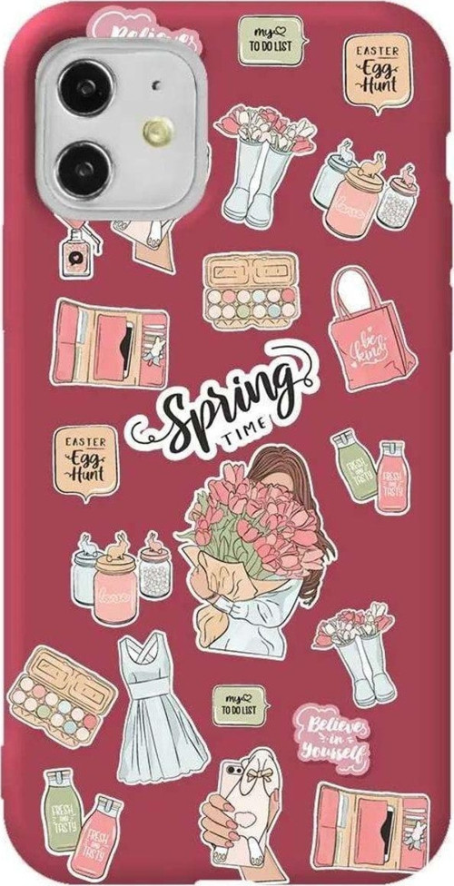 iPhone 11 Bordo Renkli Silikon Telefon Kılıfı - Spring Time