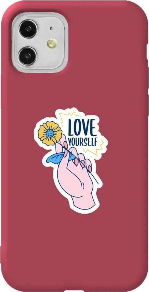 iPhone 11 Bordo Renkli Silikon Telefon Kılıfı - Love Yourself