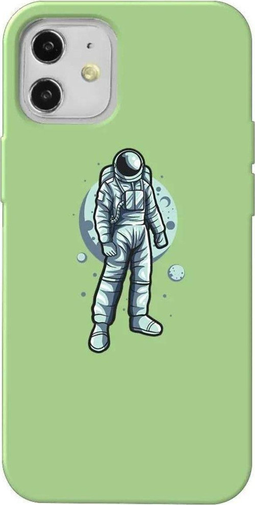 iPhone 12 Açık Yeşil Renkli Silikon Telefon Kılıfı - Astronot
