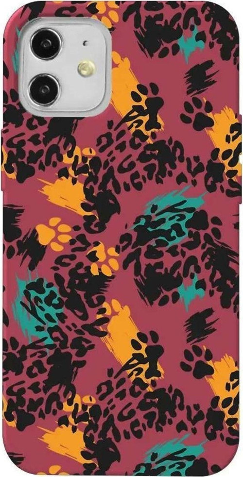 iPhone 12 Bordo Renkli Silikon Telefon Kılıfı - Abstract Leopar