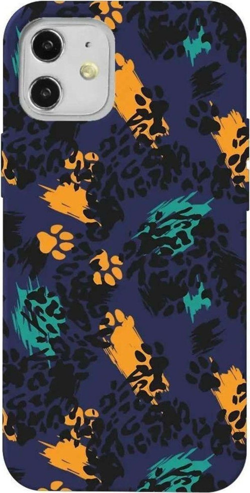 iPhone 12 Lacivert Renkli Silikon Telefon Kılıfı - Abstract Leopar