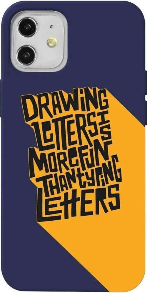 iPhone 12 Lacivert Renkli Silikon Telefon Kılıfı - Drawing Letters