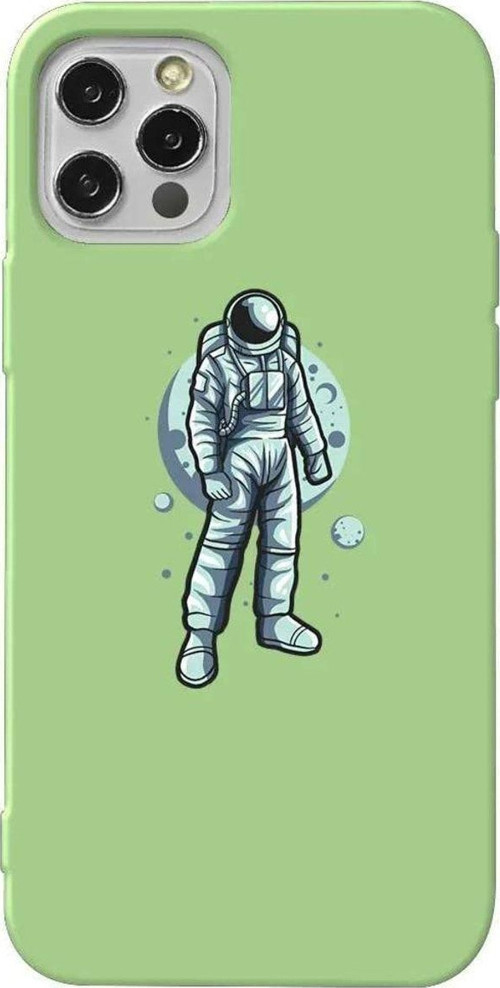 İphone 12 Pro Max Açık Yeşil Renkli Silikon Telefon Kılıfı - Astronot
