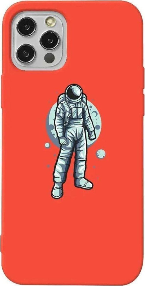 İphone 12 Pro Max Turuncu Renkli Silikon Telefon Kılıfı - Astronot