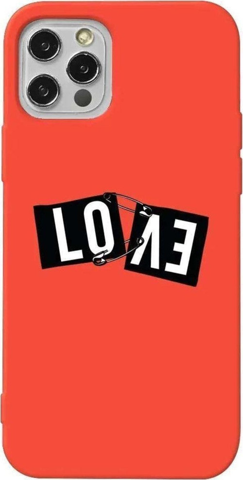 İphone 12 Pro Turuncu Renkli Silikon Telefon Kılıfı - Love