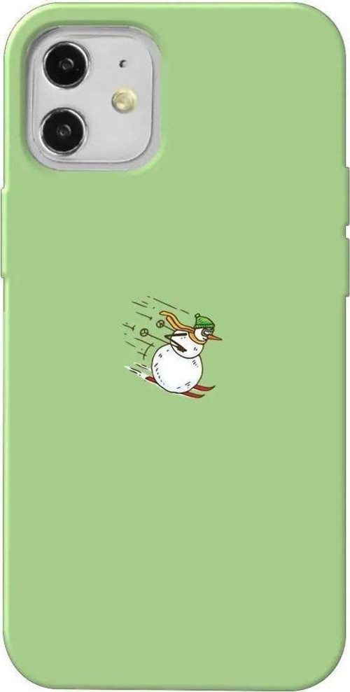 iPhone 12 Uyumlu Açık Yeşil Renkli Silikon Telefon Kılıfı - Snowman Skiing