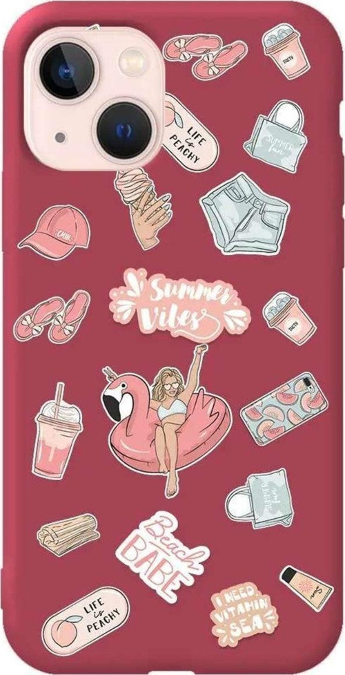 iPhone 13 Bordo Renkli Silikon Telefon Kılıfı - Beach Babe