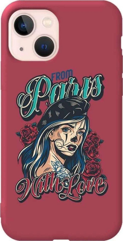iPhone 13 Bordo Renkli Silikon Telefon Kılıfı - Paris Girl