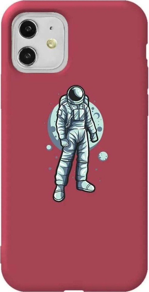 iPhone 11 Bordo Renkli Silikon Telefon Kılıfı - Astronot