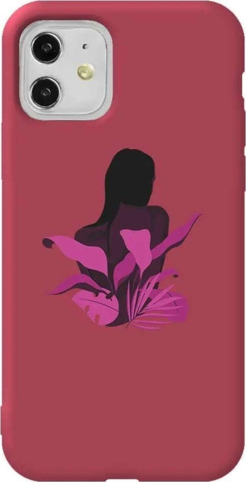 iPhone 11 Bordo Renkli Silikon Telefon Kılıfı - Mor Cicek