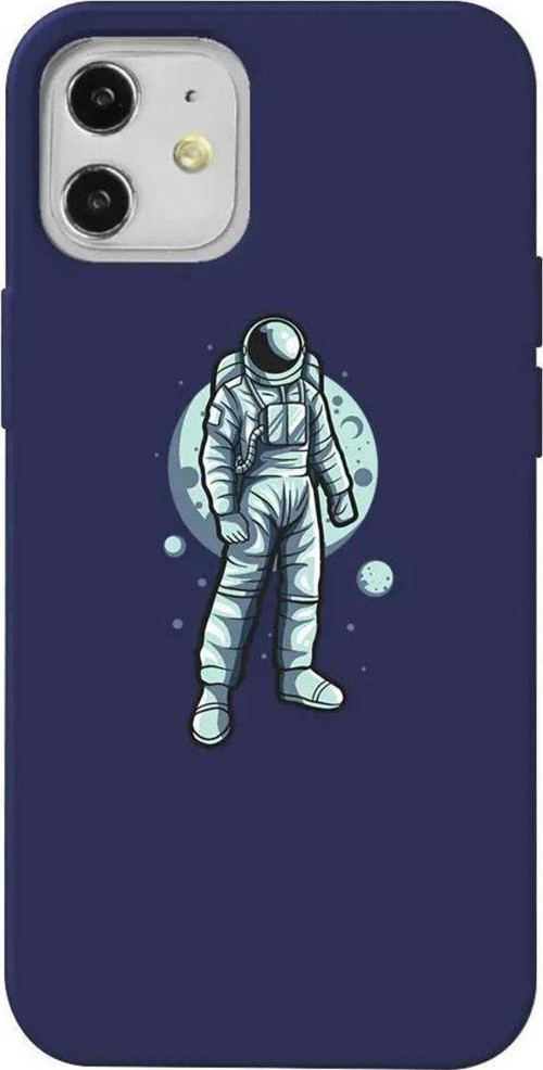 iPhone 12 Lacivert Renkli Silikon Telefon Kılıfı - Astronot