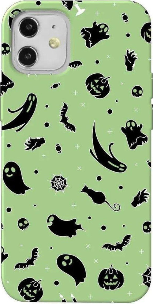 İphone 12 Mini Açik Yesil Renkli Silikon Telefon Kılıfı - Halloween Black