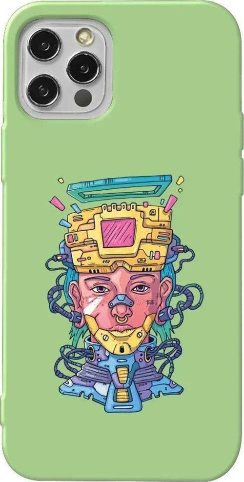 İphone 12 Pro Açik Yesil Renkli Silikon Telefon Kılıfı - Cyberpunk
