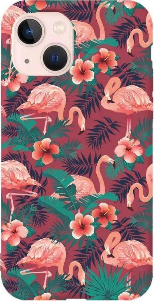 iPhone 13 Bordo Renkli Silikon Telefon Kılıfı - Leaf Flamingo