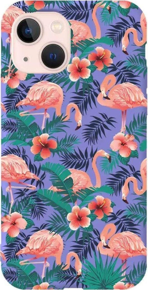 iPhone 13 Lila Renkli Silikon Telefon Kılıfı - Leaf Flamingo