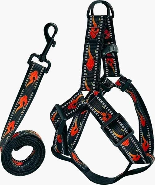 Köpek Göğüs Tasma Seti Reflektörlü Alev Desenli 120 cm-48 cm-70 cm Siyah