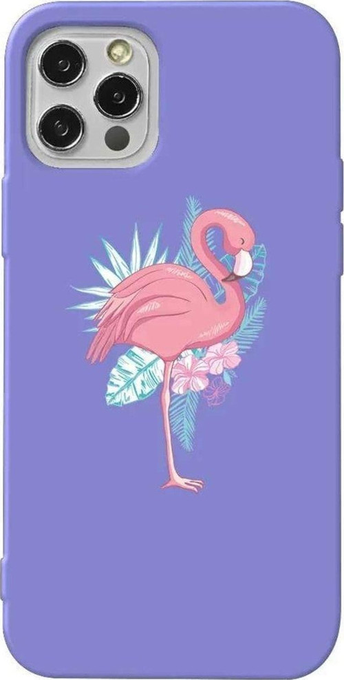 iPhone 13 Pro Lila Renkli Silikon Telefon Kılıfı - Alone Flamingo