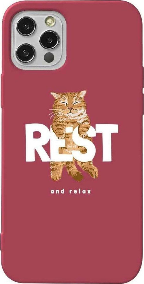 İphone 13 Pro Max Bordo Renkli Silikon Telefon Kılıfı - Rest Kedi
