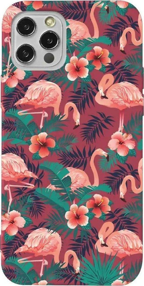 İphone 13 Pro Max Bordo Renkli Silikon Telefon Kılıfı - Leaf Flamingo