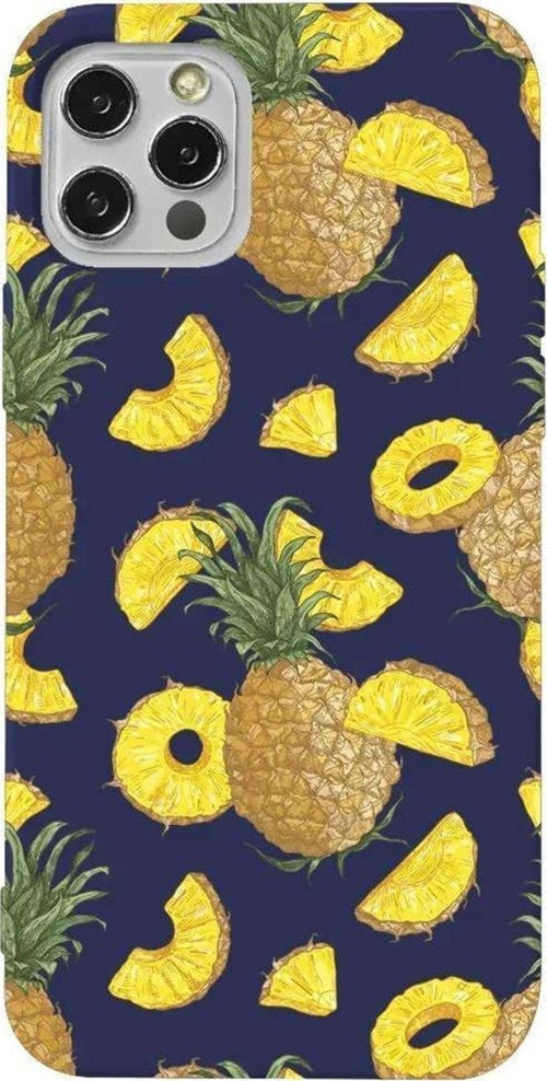İphone 13 Pro Max Lacivert Renkli Silikon Telefon Kılıfı - Ananas Dilimleri