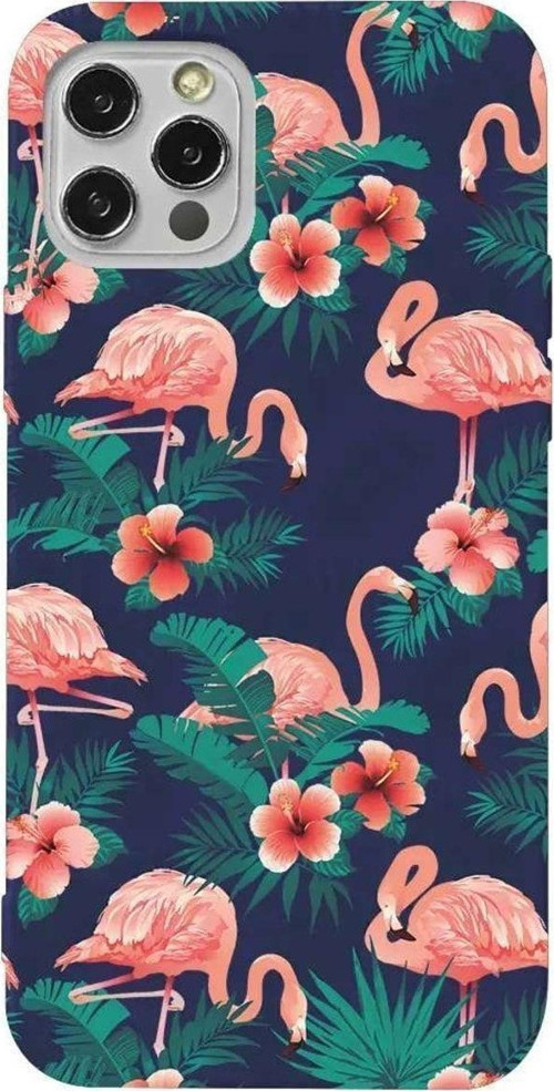 İphone 13 Pro Max Lacivert Renkli Silikon Telefon Kılıfı - Leaf Flamingo