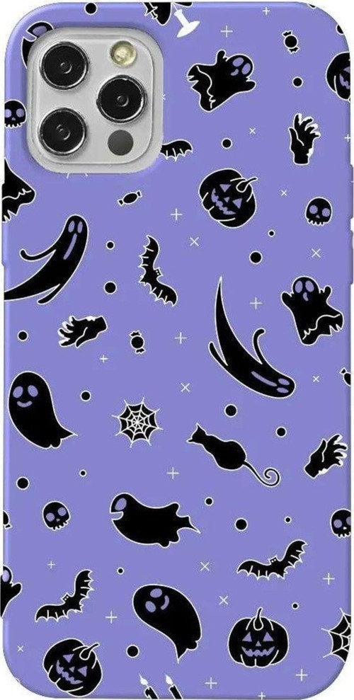 İphone 13 Pro Max Lila Renkli Silikon Telefon Kılıfı - Halloween Black