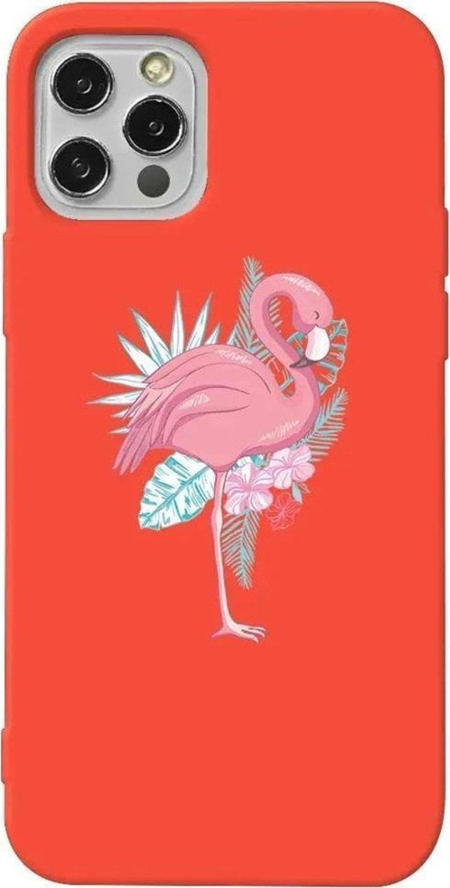 iPhone 13 Pro Turuncu Renkli Silikon Telefon Kılıfı - Alone Flamingo