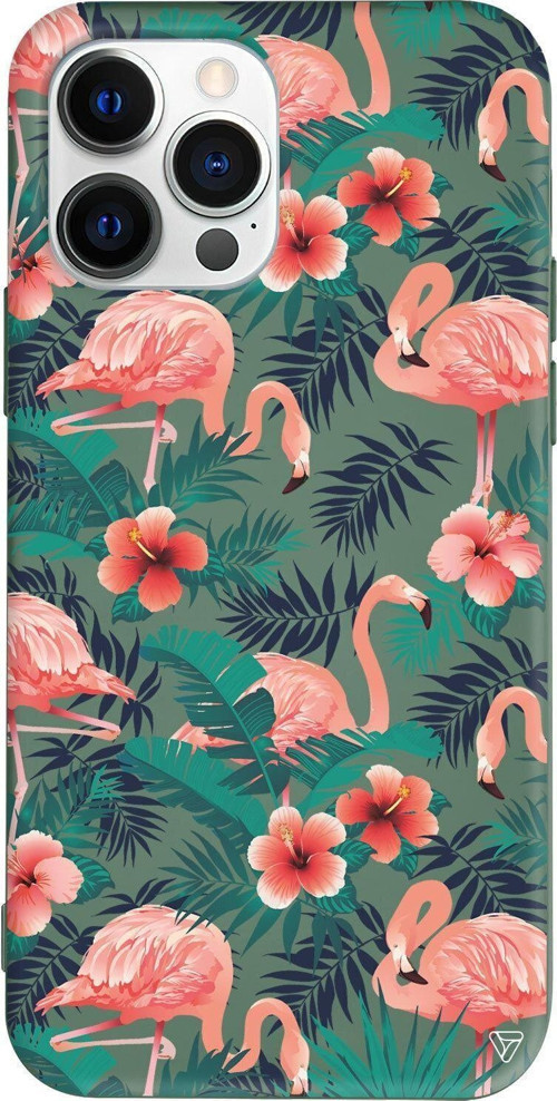iPhone 13 Pro Yesil Renkli Silikon Telefon Kılıfı - Leaf Flamingo