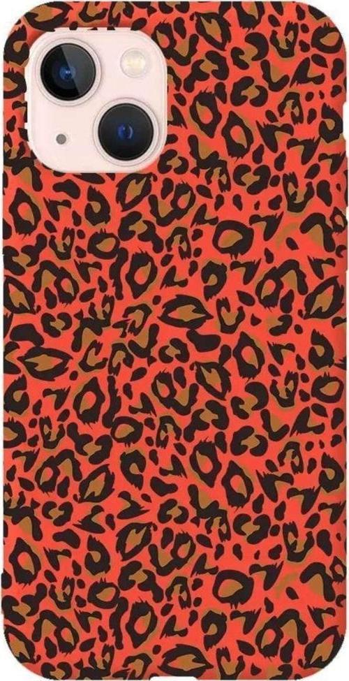 iPhone 13 Turuncu Renkli Silikon Telefon Kılıfı - Leopar