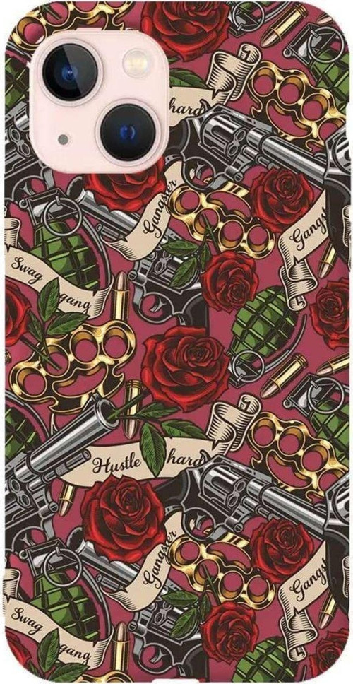 İphone 14 Bordo Renkli Silikon Telefon Kılıfı - Rose And Gun