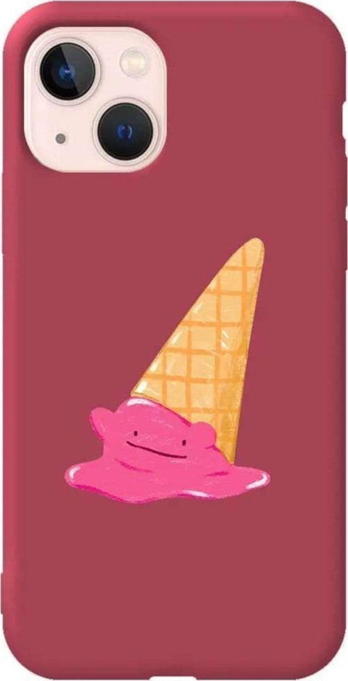 İphone 14 Bordo Renkli Silikon Telefon Kılıfı - Sevimli Dondurma
