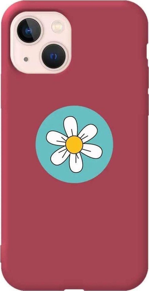 İphone 14 Bordo Renkli Silikon Telefon Kılıfı - Single Daisy
