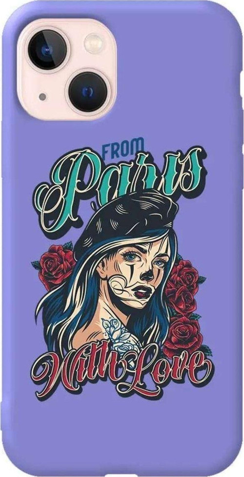İphone 14 Lila Renkli Silikon Telefon Kılıfı - Paris Girl