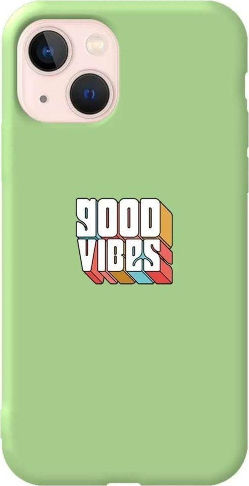 İphone 14 Plus Açik Yesil Renkli Silikon Telefon Kılıfı - Good Vibes