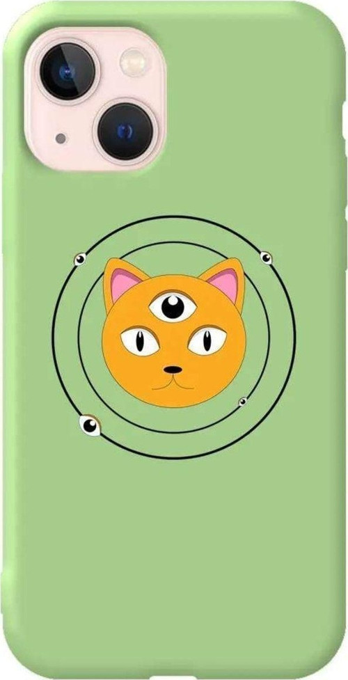 İphone 14 Plus Açik Yesil Renkli Silikon Telefon Kılıfı - Üç Gözlü Kedi