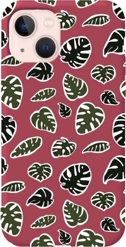 İphone 14 Plus Bordo Renkli Silikon Telefon Kılıfı - Monstera Yapraklari