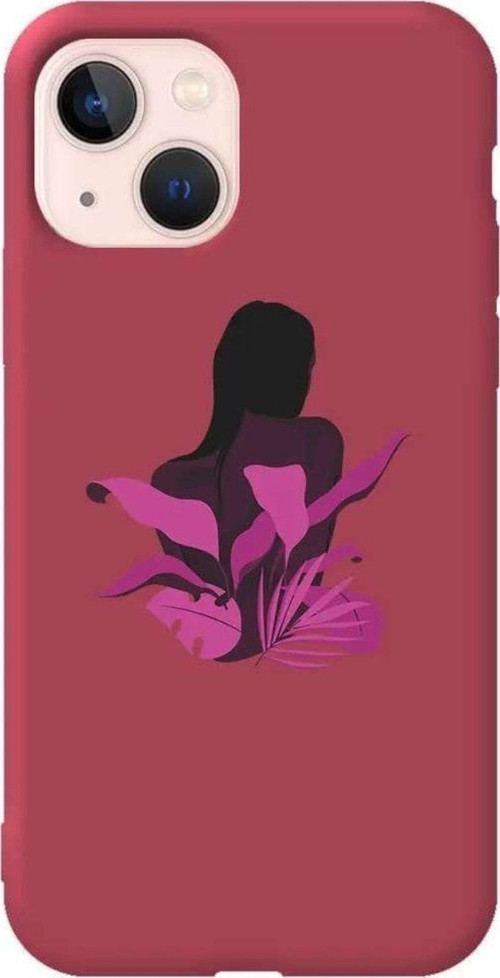 İphone 14 Plus Bordo Renkli Silikon Telefon Kılıfı - Mor Cicek